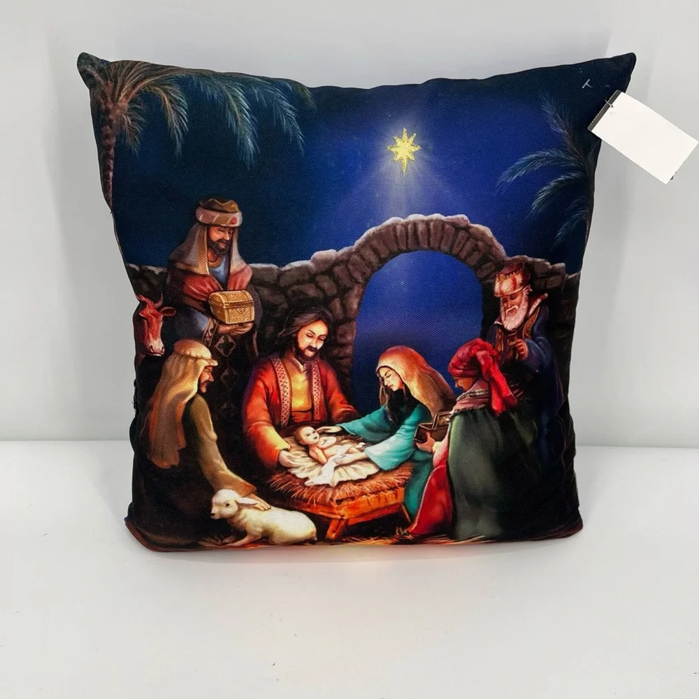 Colorful Vintage Christmas Nativity Scene 16X16 Tapestry Throw Pillow